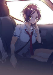 Rule 34 | 10s, 1girl, bad id, bad pixiv id, belt, bracelet, breasts, brown hair, car, car interior, cleavage, finger to mouth, hayami kanade, highres, hohehohe, idolmaster, idolmaster cinderella girls, jewelry, looking at viewer, motor vehicle, necklace, necktie, parted bangs, pov, school uniform, seatbelt, short hair, shushing, sitting, solo, vehicle, yellow eyes