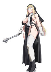 Rule 34 | 1girl, bare shoulders, black footwear, black headwear, blonde hair, blue eyes, blush, boots, breasts, cleavage, club (weapon), commentary request, covered erect nipples, cross, detached collar, full body, garter belt, garter straps, gloves, groin, highres, holding, holding weapon, large breasts, latin cross, long hair, looking at viewer, mace, mole, mole on breast, mole under eye, nannaru (nananana), nun, original, parted lips, simple background, solo, sweat, thick thighs, thighhighs, thighs, toned, translation request, underboob, weapon, white background, white gloves, white thighhighs