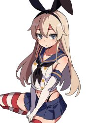 Rule 34 | 1girl, black hairband, black neckerchief, black panties, blonde hair, blue sailor collar, blue skirt, commentary request, crop top, elbow gloves, gloves, grey eyes, hairband, highleg, highleg panties, highres, kantai collection, kv-san, long hair, looking at viewer, microskirt, miniskirt, neckerchief, panties, pleated skirt, sailor collar, shimakaze (kancolle), shirt, simple background, sitting, skirt, sleeveless, sleeveless shirt, solo, striped clothes, striped thighhighs, thighhighs, underwear, white background, white gloves