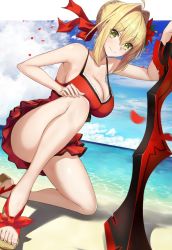 Rule 34 | 1girl, aestus estus, ahoge, akatsuki ikki, bare legs, bare shoulders, beach, blonde hair, breasts, cleavage, commentary request, day, dress, dutch angle, fate/extra, fate (series), flower, green eyes, hair between eyes, hair flower, hair intakes, hair ornament, holding, holding sword, holding weapon, large breasts, nero claudius (fate), nero claudius (fate) (all), nero claudius (fate/extra), ocean, official alternate costume, one-piece swimsuit, pleated skirt, red dress, red one-piece swimsuit, red ribbon, ribbon, sandals, skirt, smile, solo, swimsuit, sword, weapon