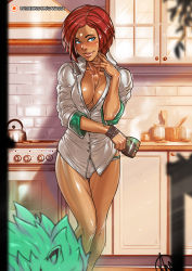 Rule 34 | 1girl, 1other, blue eyes, blush, bracelet, breasts, cleavage, coffee mug, commentary, covered erect nipples, cup, dark-skinned female, dark skin, english commentary, facial mark, fingernails, forehead mark, ganassa, giovanna (guilty gear), gluteal fold, green fur, guilty gear, guilty gear strive, highres, jewelry, kitchen, legs together, lips, looking at viewer, medium breasts, mug, no bra, no pants, nose, nose blush, panties, partially unbuttoned, pink panties, plunging neckline, red hair, rei (guilty gear), shiny skin, short hair, sleeves pushed up, solo focus, thigh gap, underwear, wolf