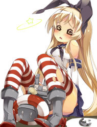 Rule 34 | 10s, 1girl, @ @, bare shoulders, blonde hair, blush, dazed, dizzy, elbow gloves, gloves, hair ribbon, innertube, kantai collection, long hair, naha78, open mouth, personification, rensouhou-chan, ribbon, sailor collar, shimakaze (kancolle), sitting, skirt, solo, striped clothes, striped thighhighs, swim ring, thighhighs, torn clothes, torn thighhighs, white gloves