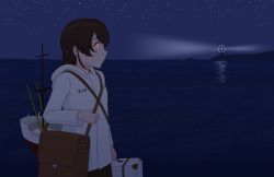 Rule 34 | 1girl, bag, braid, briefcase, brown hair, closed mouth, clothes writing, from side, geometrie, holding, jacket, kantai collection, lighthouse, long hair, long sleeves, night, ocean, orange eyes, outdoors, pleated skirt, profile, rigging, single braid, skirt, sky, solo, souya (kancolle), star (sky), white jacket