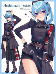 Rule 34 | 1girl, arm up, belt, black belt, black footwear, black gloves, blue border, blue eyes, blue hair, boots, border, breasts, buckle, character name, closed mouth, contrapposto, cowboy shot, floral print, full body, gloves, hair ornament, hair ribbon, hand on own hip, highres, hololive, hoshimachi suisei, hoshimachi suisei (shout in crisis), kozu (bloomme1 me), long hair, long sleeves, looking at viewer, multiple belts, multiple views, official alternate costume, official alternate hairstyle, ponytail, ribbon, rose print, single glove, small breasts, standing, star (symbol), star in eye, symbol in eye, turtleneck, virtual youtuber