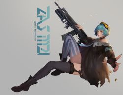 Rule 34 | 1girl, absurdres, assault rifle, asymmetrical legwear, bad id, bad pixiv id, black choker, black thighhighs, blue hair, boots, bullet, character name, choker, commission, copyright name, eyewear on head, fingerless gloves, girls&#039; frontline, gloves, goggles, grenade launcher, grey background, gun, highres, kalashnikov rifle, knee up, looking at viewer, nail polish, necktie, orange eyes, realistic, rifle, short hair, solo, striped clothes, striped thighhighs, thighhighs, torn clothes, torn thighhighs, uneven legwear, uthy, vertical-striped clothes, vertical-striped thighhighs, weapon, zas m21 (girls&#039; frontline), zastava m21