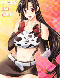 Rule 34 | 00s, 1990s (style), 1girl, 2009, animal print, bad id, bad pixiv id, black hair, breasts, cow print, final fantasy, final fantasy vii, fingerless gloves, gloves, happy new year, large breasts, long hair, low-tied long hair, maki (seventh heaven maxion), midriff, miniskirt, navel, new year, pencil skirt, red eyes, retro artstyle, shirt, skirt, solo, suspender skirt, suspenders, taut clothes, taut shirt, tifa lockhart