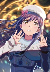 Rule 34 | 1girl, absurdres, beret, blue hair, blush, detached sleeves, fur trim, grin, hands up, hat, highres, huge filesize, kaihaku (kaihaku2001), long hair, looking at viewer, love live!, love live! school idol project, open mouth, smile, snow halation, solo, sonoda umi, white hat, yellow eyes