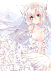Rule 34 | 1girl, animal ear fluff, animal ears, bare shoulders, breasts, cat ears, cleavage, closed mouth, collarbone, crying, crying with eyes open, detached sleeves, dress, flower, glint, green eyes, hair between eyes, hair flower, hair ornament, head tilt, highres, long hair, looking at viewer, medium breasts, meiya neon, navel, original, puffy short sleeves, puffy sleeves, rose, see-through, short sleeves, silver hair, simple background, solo, tears, veil, very long hair, wedding dress, white background, white dress, white flower, white rose, white sleeves