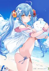 Rule 34 | 1girl, ahoge, alternate costume, artist name, ass, bare shoulders, beach, bikini, blue hair, blue ribbon, blue sky, breasts, cleavage, cloud, cloudy sky, collarbone, crossed bangs, flower, hair between eyes, hair flower, hair ornament, highres, hololive, jacket, jewelry, looking at viewer, medium breasts, necklace, open clothes, open jacket, parted lips, pink scrunchie, pointy ears, red flower, ribbon, sandals, scrunchie, see-through, see-through jacket, sidelocks, sky, soraneko hino, standing, standing on one leg, swimsuit, twintails, twitter username, virtual youtuber, white bikini, white flower, white footwear, wrist scrunchie, yellow eyes, yellow flower, yukihana lamy