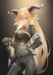 Rule 34 | 1girl, absurdres, animal ear fluff, animal ears, arknights, arm behind back, armband, asymmetrical sidelocks, belt, belt buckle, black background, black belt, black necktie, blonde hair, breasts, bright pupils, buckle, buttons, closed mouth, collared shirt, commentary request, contrapposto, cowboy shot, crossed bangs, degenbrecher (arknights), double-parted bangs, dress shirt, epaulettes, expressionless, from side, gloves, goat ears, goat girl, goat horns, green gloves, green jacket, green pants, hair between eyes, hand on hilt, hand rest, hand up, high collar, highres, horns, jacket, kirigirisu1221, lapels, light particles, long bangs, long hair, long sleeves, looking at viewer, medal, medium breasts, military, military jacket, military uniform, necktie, notched lapels, orange shirt, pants, pocket, print armband, scabbard, sheath, sheathed, shirt, sidelocks, sideways glance, single epaulette, single glove, single shoulder pad, solo, spotlight, standing, straight hair, sword, uniform, v-shaped eyebrows, very long hair, weapon, white armband, white pupils, wing collar, yellow eyes