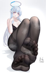Rule 34 | 1girl, baige0, blue archive, blue hair, bra, breasts, cleavage, feet, foot focus, highres, large breasts, light blue hair, light blush, long hair, looking at viewer, noa (blue archive), pantyhose, parted lips, purple eyes, soles, solo, steam, sweat, toes, underwear