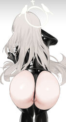 Rule 34 | 1girl, aak, absurdres, ass, ass peek, black gloves, black leotard, black thighhighs, blue archive, cleft of venus, facing away, feet out of frame, from behind, gloves, gradient background, grey background, grey hair, halo, highres, leotard, long hair, partially visible vulva, sakurako (blue archive), solo, thighhighs, very long hair, white background, white halo
