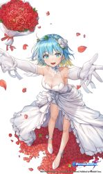 Rule 34 | 1girl, ahoge, aqua eyes, bare shoulders, bouquet, breasts, bride, character request, cleavage, commentary request, dress, elbow gloves, flower, gloves, gradient hair, hair flower, hair ornament, high heels, highres, looking at viewer, multicolored hair, open mouth, petals, piyo (pixiv 2308057), rose, rose petals, short hair, simple background, soccer spirits, solo, standing, wedding dress, white background, white dress, white footwear, white gloves