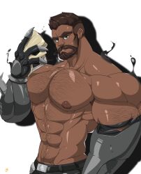 Rule 34 | 1boy, abs, absurdres, armpit hair, bara, beard, biceps, brown eyes, brown hair, cwaffle26, facial hair, gauntlets, gloves, hairy, highres, iron claw, large pectorals, looking at viewer, male focus, manly, mature male, muscular, muscular male, nipples, overwatch, pectorals, reaper (overwatch), short hair, simple background, solo, teeth, thick arms, thick eyebrows, topless male, undercut, upper body, white background
