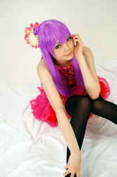 Rule 34 | 1girl, asian, bare shoulders, black thighhighs, breasts, character request, china dress, chinese clothes, copyright request, cosplay, dress, eyeliner, flower, frilled skirt, frills, garter belt, hair flower, hair ornament, indoors, knees together feet apart, lace, lace-trimmed legwear, lace trim, long hair, looking at viewer, makeup, miniskirt, namada, on floor, parted lips, photo (medium), pink dress, pink skirt, purple hair, sitting, skirt, small breasts, solo, thighhighs