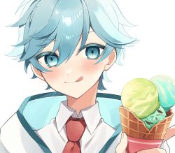 Rule 34 | 1boy, alternate costume, blue eyes, blue hair, chongyun (genshin impact), food, genshin impact, highres, ice cream, jacket, male focus, necktie, red necktie, shirt, short hair, simple background, solo, ssk mgm, tongue, tongue out, upper body, white background, white jacket, white shirt