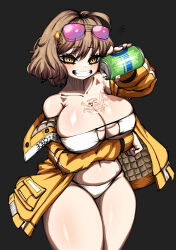 Rule 34 | 1girl, absurdres, ahoge, anis (nikke), anis (sparkling summer) (nikke), arm under breasts, bare shoulders, beolkkulcheese, bikini, blush, breasts, brown hair, can, cleavage, collarbone, cowboy shot, drink can, eyewear on head, goddess of victory: nikke, grin, hair ornament, highres, holding, holding can, jacket, large breasts, mask bikini, off-shoulder jacket, off shoulder, official alternate costume, pink-tinted eyewear, pouring, pouring onto self, short hair, simple background, skindentation, smile, soda can, solo, string bikini, sunglasses, swimsuit, tinted eyewear, white bikini, yellow eyes, yellow jacket