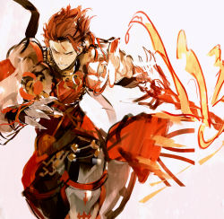 Rule 34 | 10s, 1boy, armor, fire, granblue fantasy, male focus, pauldrons, percival (granblue fantasy), red eyes, red hair, short hair, shoulder armor, simple background, so-bin, solo, sword, weapon, white background