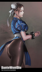 Rule 34 | 1girl, artist name, ass, bracelet, breasts, brown hair, capcom, chinese clothes, chun-li, commentary request, dantewontdie, double bun, dragon, earrings, fingernails, from side, hair bun, jewelry, large breasts, pantyhose, parted bangs, parted lips, patreon username, pelvic curtain, puffy short sleeves, puffy sleeves, shiny clothes, short sleeves, simple background, solo, spiked bracelet, spikes, street fighter, thighs