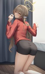 Rule 34 | 1girl, absurdres, ass, black skirt, blue archive, blush, feet out of frame, floor, gileu, hair between eyes, halo, hifumi (blue archive), highres, indoors, kneeling, light brown hair, long hair, long sleeves, looking at viewer, looking back, low twintails, open mouth, red sweater, skirt, solo, sweater, twintails, yellow eyes, yellow halo