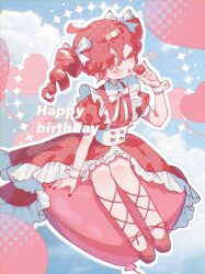 Rule 34 | 1girl, absurdres, ahoge, alternate costume, balloon, blue sky, blush, cloud, cloudy sky, collared dress, colored eyelashes, commentary request, corset, dress, drill hair, food, frilled dress, frills, fruit, hair ribbon, halftone texture, hand up, heart balloon, highres, holding, holding food, holding fruit, kasane teto, leg ribbon, long dress, looking at viewer, medium hair, meguru (chitose meguru), midair, neck ribbon, one eye closed, outline, puffy short sleeves, puffy sleeves, red dress, red footwear, red hair, red nails, red ribbon, ribbon, shoes, short sleeves, sitting, sitting on object, sky, solo, strawberry, twin drills, twitter username, utau, white corset, white outline, white ribbon