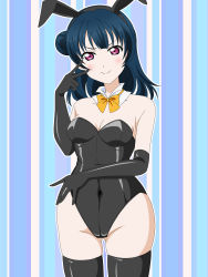 Rule 34 | 1girl, black gloves, black leotard, black thighhighs, blue background, blue hair, bowtie, breasts, elbow gloves, facing viewer, female focus, gloves, happy birthday, highres, leotard, long hair, looking at viewer, love live!, love live! sunshine!!, mr50iso, playboy bunny, purple eyes, smile, striped, striped background, tagme, thighhighs, tsushima yoshiko, v, yellow bow, yellow bowtie