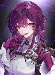 Rule 34 | 1girl, butterfly background, caelus (honkai: star rail), character doll, collared shirt, commentary, dqpgd, earrings, eyewear on head, gloves, highres, honkai: star rail, honkai (series), jewelry, kafka (honkai: star rail), charm (object), long hair, looking at viewer, multiple rings, parted lips, purple eyes, purple gloves, purple hair, ring, shirt, signature, solo, stelle (honkai: star rail), sunglasses, trailblazer (honkai: star rail), twitter username, white shirt