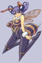 Rule 34 | 1girl, :q, antennae, arthropod girl, bee girl, blue eyes, breasts, capcom, coso-ri, covered erect nipples, covered navel, extra ears, highres, insect girl, insect wings, large breasts, leotard, monster girl, pantyhose, purple hair, q-bee, short hair, simple background, solo, spikes, tongue, tongue out, vampire (game), wings, wrist cuffs