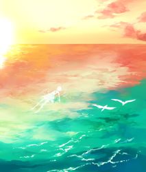 Rule 34 | 1girl, bird, closed eyes, cloud, cloudy sky, dress, floating, highres, hole, hole in chest, hole on body, kamura gimi, original, outdoors, ripples, short hair, sky, solo, sun, twilight, water, waves, white bird, white dress, wide shot, yellow sky