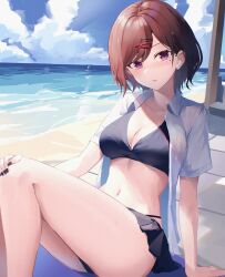 Rule 34 | 1girl, beach, bikini, bikini skirt, black bikini, black nails, breasts, brown hair, cleavage, collared shirt, commentary, danraz0r, day, earpiece, english commentary, feet out of frame, hair ornament, hairclip, hand on own knee, highres, higuchi madoka, idolmaster, idolmaster shiny colors, legs, looking at viewer, medium breasts, mole, mole under eye, nail polish, navel, open clothes, open shirt, outdoors, parted lips, purple eyes, shirt, short hair, short sleeves, sitting, solo, stomach, swimsuit, thighs, wet, white shirt