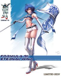 Rule 34 | 1girl, absurdres, ahoge, blue hair, boots, breasts, caiman pool, elbow gloves, english text, flag, gloves, gundam, gundam f91, highres, holding, holding flag, low ponytail, medium breasts, panties, panty straps, personification, ponytail, race queen, red panties, smile, thigh boots, underboob, underwear, white footwear, white gloves