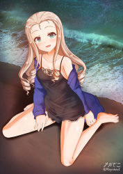 Rule 34 | 1girl, bare shoulders, barefoot, beach, black negligee, blonde hair, blue cardigan, blush, breasts, cardigan, cleavage, collarbone, covered navel, drill hair, girls und panzer, green eyes, highres, lingerie, long hair, looking at viewer, marie (girls und panzer), megadeko, negligee, open mouth, photo background, shiny skin, sitting, small breasts, smile, solo, underwear