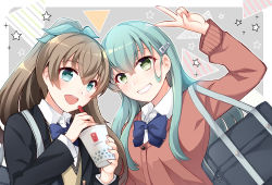 Rule 34 | 2girls, aqua hair, black jacket, blazer, blue bow, blue bowtie, blue eyes, bow, bowtie, brown hair, brown sweater vest, cup, disposable cup, drinking straw, green hair, hair ornament, hairclip, holding, holding cup, jacket, kantai collection, kumano (kancolle), long hair, multiple girls, official alternate costume, open mouth, pink sweater, ponytail, school uniform, shirt, smile, suzuya (kancolle), sweater, sweater vest, teramoto kaoru, v, white shirt