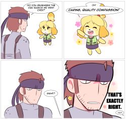 Rule 34 | 1boy, 1girl, 4koma, absurdres, animal crossing, animal ears, blonde hair, blush stickers, bodysuit, comic, dog, dog ears, dog girl, dog tail, english text, closed eyes, flower, happy, headband, highres, isabelle (animal crossing), metal gear (series), metal gear solid, nintendo, simple background, skirt, smile, solid snake, speech bubble, super smash bros., tail, theycallhimcake, topknot, white background
