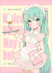 Rule 34 | 1girl, apron, bad id, bad pixiv id, blush, character name, copyright name, dress, food, green eyes, green hair, hatsune miku, headdress, headset, ice cream, ice cream cone, long hair, matching hair/eyes, mnmktn, name tag, smile, solo, tray, twintails, very long hair, vocaloid, waitress, wrist cuffs