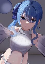 Rule 34 | 1girl, absurdres, alternate costume, blue eyes, blue hair, blue ribbon, breasts, ceiling, closed mouth, detached sleeves, from below, girl on top, hair ribbon, high side ponytail, highres, hololive, hoshimachi suisei, kurenaiaoi0, looking at viewer, medium breasts, meme attire, navel, panties, pov, ribbon, smile, solo, sweater, turtleneck, turtleneck sweater, underwear, virgin destroyer sweater, virtual youtuber, wavy hair, white panties