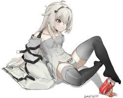 Rule 34 | 1girl, ahoge, bandage over one eye, breasts, can, coca-cola, cou di di, dated, dress, feet, grey dress, grey eyes, grey hair, grey sleeves, grey thighhighs, highres, long hair, no.21: xxi (punishing: gray raven), no.21 (punishing: gray raven), no shoes, punishing: gray raven, sidelocks, sleeves past fingers, sleeves past wrists, small breasts, solo, thighhighs, very long hair, white background