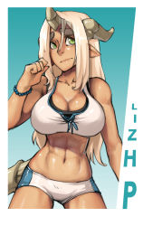 Rule 34 | 1girl, abs, bankage, bikini, bracelet, breasts, character name, cleavage, dark-skinned female, dark skin, dragon girl, endless library, green eyes, horns, jewelry, large breasts, lizhp libellus aetern-ritter, long hair, monster girl, navel, original, pointy ears, shorts, solo, swimsuit, tail, tankini, thick eyebrows, white shorts