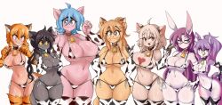 Rule 34 | 6+girls, :3, absurdres, animal ears, animal print, ass, bikini, blue hair, blue sky, breasts, brown bikini, cachi (lucyfer), cameltoe, cat ears, cat girl, cat tail, catmaid (cibastion), cow print, curvy, donkey ears, donkey girl, fang, furry, furry female, goya (lucyfer), hiel (lucyfer), highres, kat (drawsmaki), large breasts, long hair, looking at viewer, lucyfer, multiple girls, nail polish, narrow waist, navel, original, panther girl, ponytail, shiny clothes, short hair, simple background, sky, smile, sunlight, swimsuit, tail, thong, thong bikini, tuka (lucyfer), uma (lucyfer), wide hips, wolf ears, wolf girl, yellow bikini
