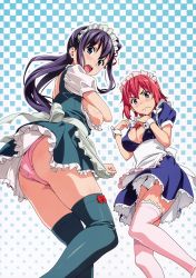 Rule 34 | 2girls, absurdres, amaya haruko, apron, ass, black hair, blue eyes, blush, bow, bow panties, breasts, cleavage, clothes lift, covering privates, covering breasts, embarrassed, green legwear, highres, huge filesize, large breasts, long hair, looking back, maid headdress, maken-ki!, multiple girls, official art, open mouth, panties, pink legwear, pink panties, purple eyes, red hair, scan, shinatsu azuki, side ponytail, sideboob, simple background, skirt, skirt lift, sweat, sweatdrop, takeda hiromitsu, thighhighs, top pull, underwear, wavy mouth, white panties, wrist cuffs
