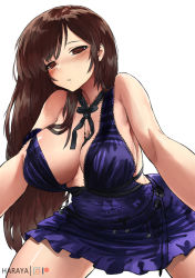 Rule 34 | 1girl, bent over, blush, bow, bowtie, breasts, brown eyes, cleavage, dress, final fantasy, final fantasy vii, final fantasy vii remake, haraya manawari, light blush, long hair, looking at viewer, official alternate costume, purple dress, short dress, simple background, solo, square enix, strap slip, tifa lockhart, tifa lockhart (refined dress), wall market