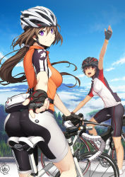 Rule 34 | 10s, 2girls, :d, arm up, ass, bicycle, bicycle helmet, bike jersey, bike shorts, black hair, blue sky, bracelet, breasts, brown hair, chin strap, cloud, cover, day, fanny pack, fingerless gloves, floating hair, from behind, gloves, grey hair, hair between eyes, helmet, jewelry, kneepits, light smile, long hair, long riders!, long riders (doujin), looking at viewer, looking back, low ponytail, medium breasts, multiple girls, nail polish, open mouth, original, outdoors, outstretched hand, ponytail, profile, purple eyes, purple hair, red eyes, riding, road, shima udon, short hair, short sleeves, signature, sky, smile, socks, sportswear, tree, waving