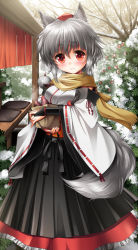 Rule 34 | 1girl, adapted costume, animal ears, bag, blush, breasts, bridal gauntlets, detached sleeves, female focus, food, frilled skirt, frills, hat, holding, inubashiri momiji, japanese clothes, kei kei, looking at viewer, obi, paper bag, pom pom (clothes), red eyes, sash, scarf, short hair, silver hair, skirt, smile, snow, solo, sweet potato, tail, tassel, tokin hat, touhou, tree, branch, wide sleeves, wolf ears, wolf tail