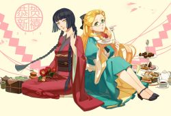 Rule 34 | 10s, 2013, 2girls, black hair, blonde hair, bow, braid, buming, cake, cookie, cup, dated, dress, food, fork, full body, green eyes, hair bow, hime cut, japanese clothes, kimono, multiple girls, tea, teacup, twin braids, yellow eyes, zone-00