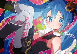 1girl 421ooouy absurdres artist_name bare_shoulders black_skirt blue_eyes blue_hair boots collared_shirt crown gloves hair_between_eyes hair_ornament hand_on_own_cheek hand_on_own_face hatsune_miku highres kimagure_mercy_(vocaloid) knee_boots long_hair looking_at_viewer mini_crown miniskirt paint_splatter pantyhose pleated_skirt pointing pout shirt skirt sleeveless sleeveless_shirt solo tearing_up twintails very_long_hair vocaloid watermark white_gloves