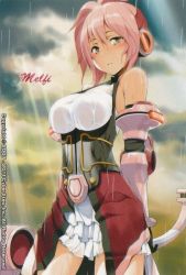 Rule 34 | 1girl, blush, bow (weapon), breasts, cosmic break, large breasts, melfi, official art, pink eyes, pink hair, rain, solo, wakaba sprout, weapon, wet, wet clothes