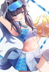 Rule 34 | 1girl, absurdres, animal ears, black hair, blue archive, blue eyes, breasts, cheering, cheerleader, cleavage, cowboy shot, detached collar, dog ears, dog tail, eyewear on head, hibiki (blue archive), hibiki (cheer squad) (blue archive), highres, holding, holding pom poms, long hair, medium breasts, millennium cheerleader outfit (blue archive), navel, official alternate costume, open mouth, pleated skirt, pom pom (cheerleading), pom poms, ponytail, ricke 2002, safety glasses, skirt, solo, tail, white skirt