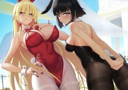 Rule 34 | 2girls, alice (bishoujo mangekyou), animal ears, ass, bare back, bare shoulders, bishoujo mangekyou, bishoujo mangekyou: kami ga tsukuritamouta shoujo-tachi, black hair, black leotard, black pantyhose, blonde hair, blue eyes, blue sky, bow, bowtie, braid, breasts, commentary request, detached collar, dorothy (bishoujo mangekyou), fake animal ears, fake tail, grey eyes, highres, large breasts, leotard, long hair, looking at viewer, looking back, medium breasts, multiple girls, outdoors, own hands together, pantyhose, playboy bunny, rabbit ears, rabbit tail, red leotard, second-party source, short hair, sky, smile, solar (happymonk), tail, very long hair, white pantyhose, wrist cuffs