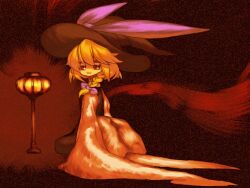 Rule 34 | 1girl, :3, black dress, black eyes, black hat, blonde hair, bow, braid, brown background, chin coropon, closed mouth, cookie (touhou), dress, full body, hair bow, hat, hat bow, highres, kirisame marisa, lamp, long hair, looking at viewer, looking to the side, medium bangs, pinafore dress, purple bow, seiza, side braid, single braid, sitting, sleeveless, sleeveless dress, sleeves past fingers, sleeves past wrists, smile, solo, star (symbol), star in eye, static, symbol in eye, touhou, witch hat, yuuhi (cookie)