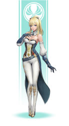 Rule 34 | 1girl, bare shoulders, blonde hair, blue eyes, blue gloves, boots, breasts, cleavage, closed mouth, full body, genshin impact, gloves, hair between eyes, hair ribbon, hand on own chest, highres, jean (genshin impact), lips, long hair, looking at viewer, pants, ponytail, ribbon, simonz1987, sleeveless, smile, solo, white footwear, white pants, white sleeves